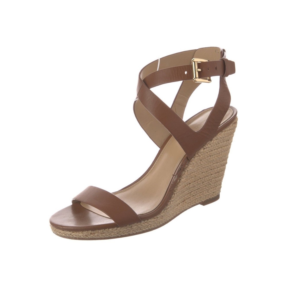 Michael Kors Brown Leather Kaylee Espadrille Wedge Sandals Size 8M (656clo)